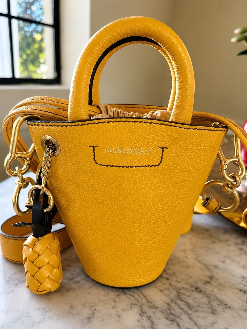 See By Chloé Yellow Mini Bucket Bag with Woven Charm